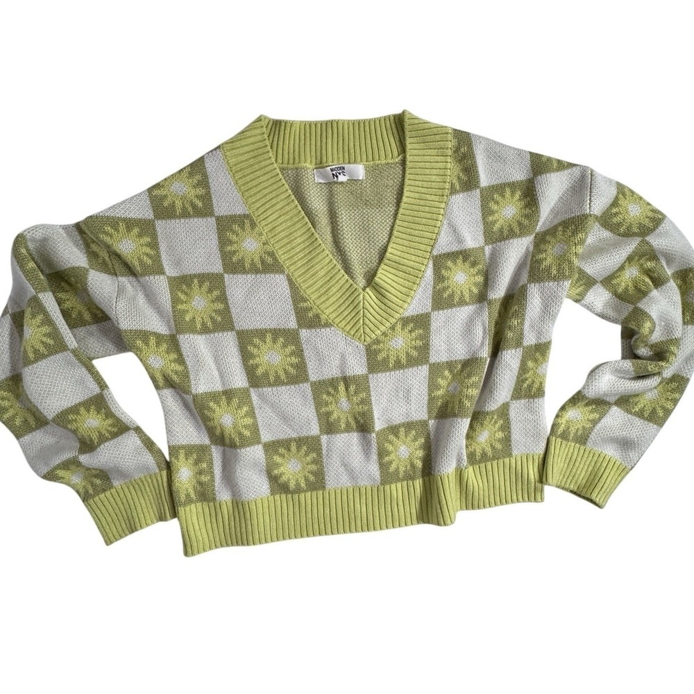 Madden NYC Crop Sweater Juniors Large V-Neck Pullover Geometric Flower Boxy